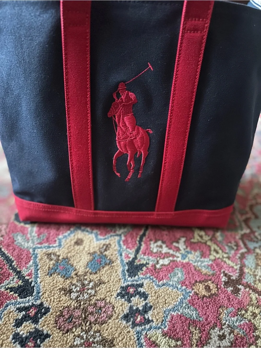 Ralph Lauren Black Canvas Tote with Red Trim and Polo Logo